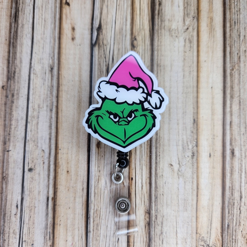 Pink Grinch Badge Reel Name Tag Holder